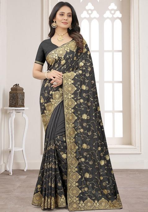Grey Embroidery Silk Saree