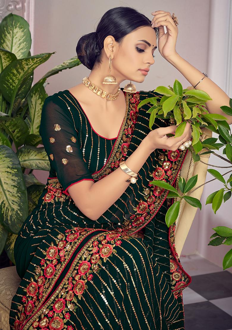 Bottle Green Embroidery Georgette Saree - Indya