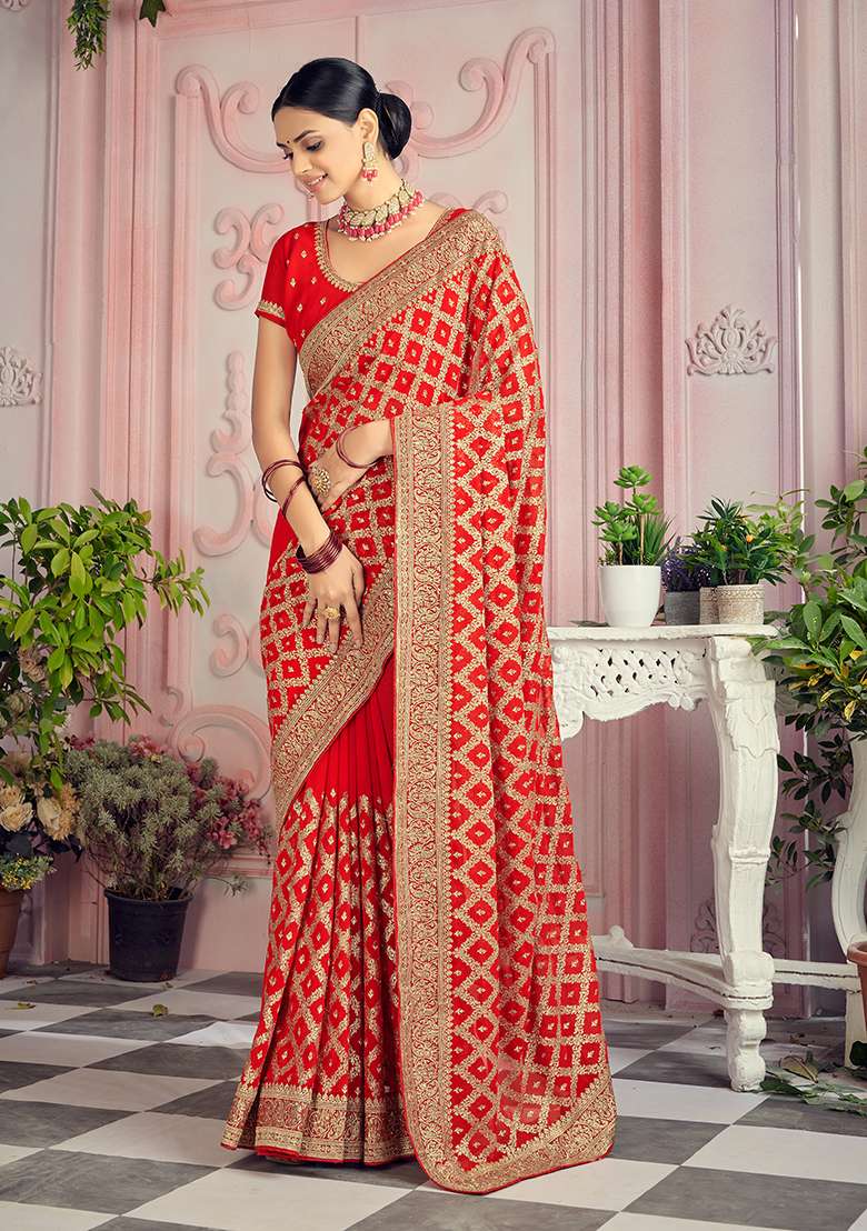 Red Georgette Saree with Embroidery for Diwali | Wedding & Festive Wear - Indya
