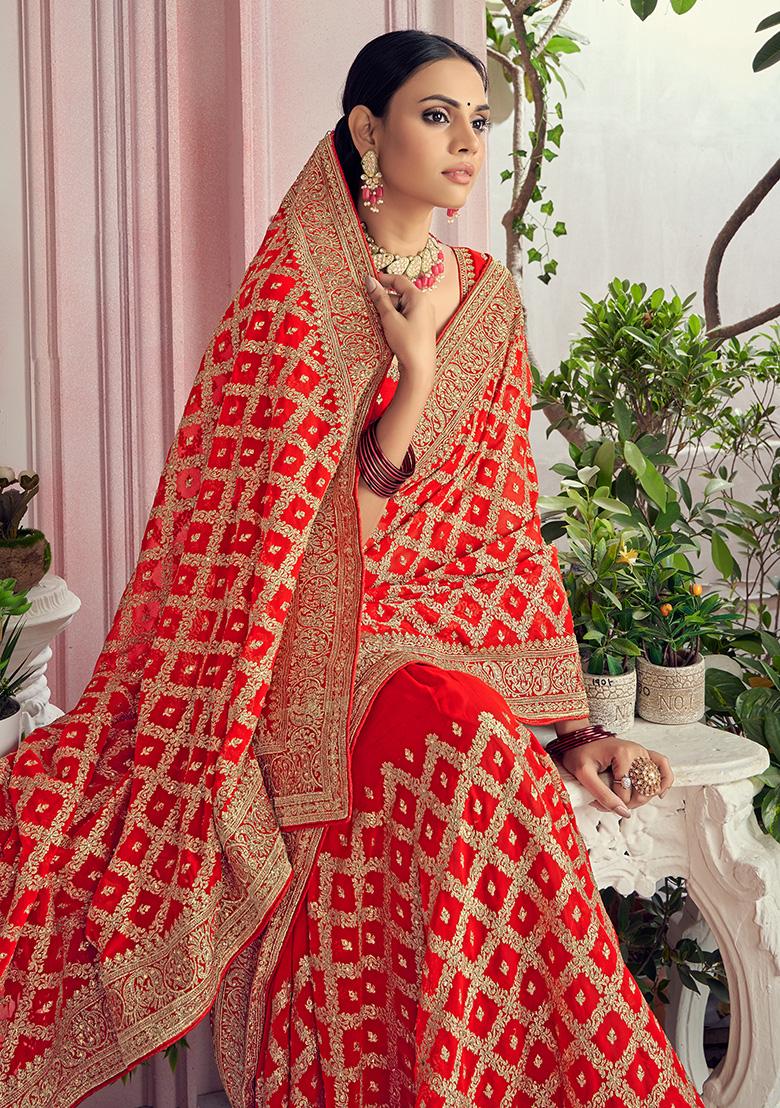 Red Embroidery Georgette Saree - Indya