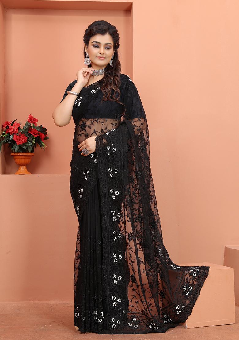 Black Embroidery NET Saree - Indya