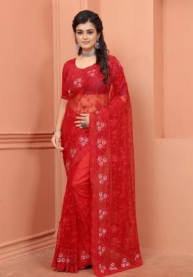 Red Embroidery NET Saree