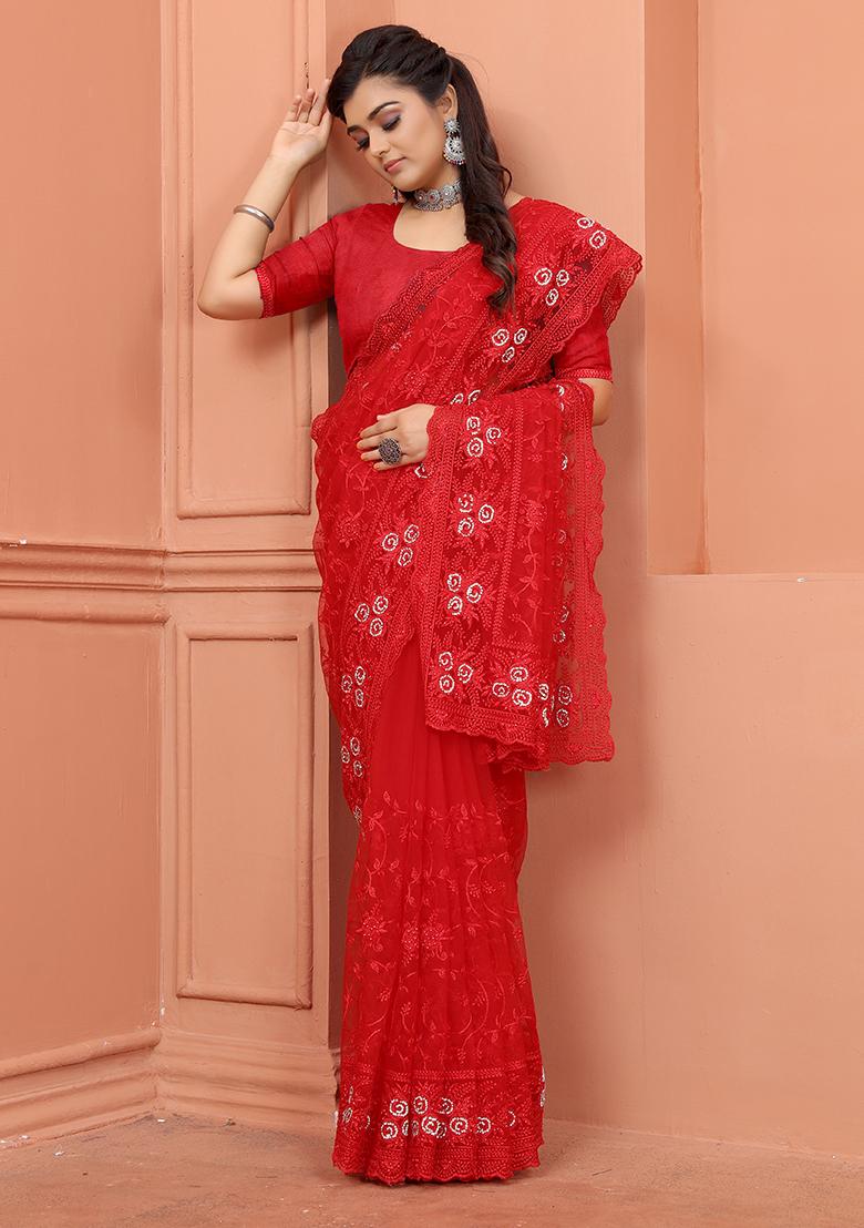 Red Embroidery NET Saree - Indya