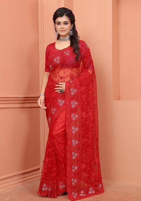 Red Embroidery NET Saree