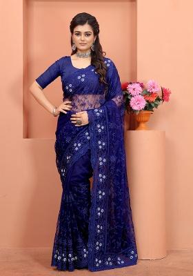 Navy Blue Embroidery NET Saree