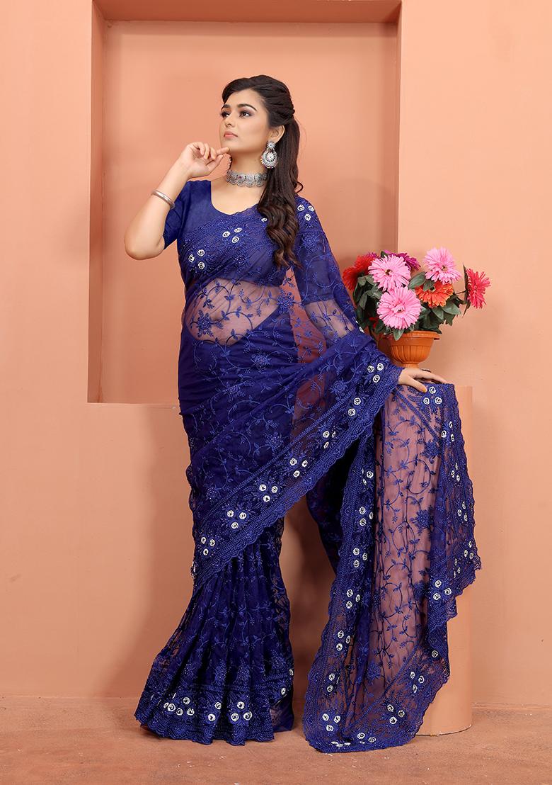 Navy Blue Embroidery NET Saree - Indya