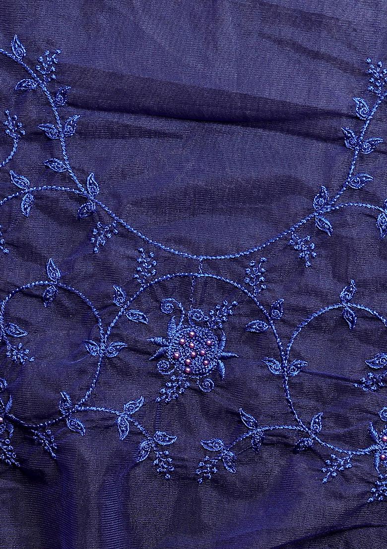 Navy Blue Embroidery NET Saree - Indya