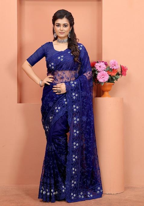 Navy Blue Embroidery NET Saree