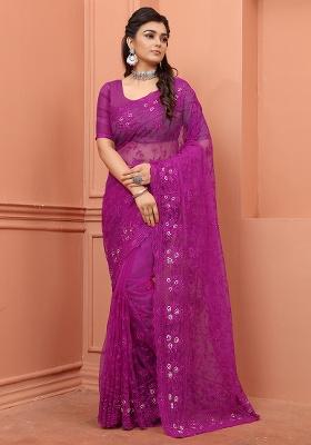 Wine Embroidery NET Saree
