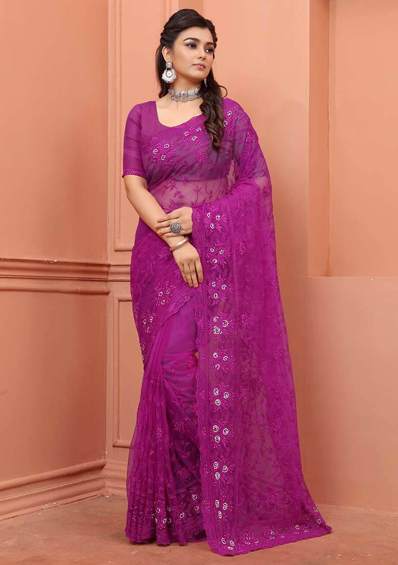 Wine Embroidery NET Saree for Diwali and Festive Wear - Indya