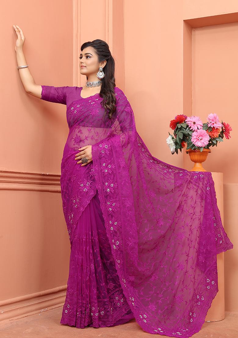 Wine Embroidery NET Saree - Indya