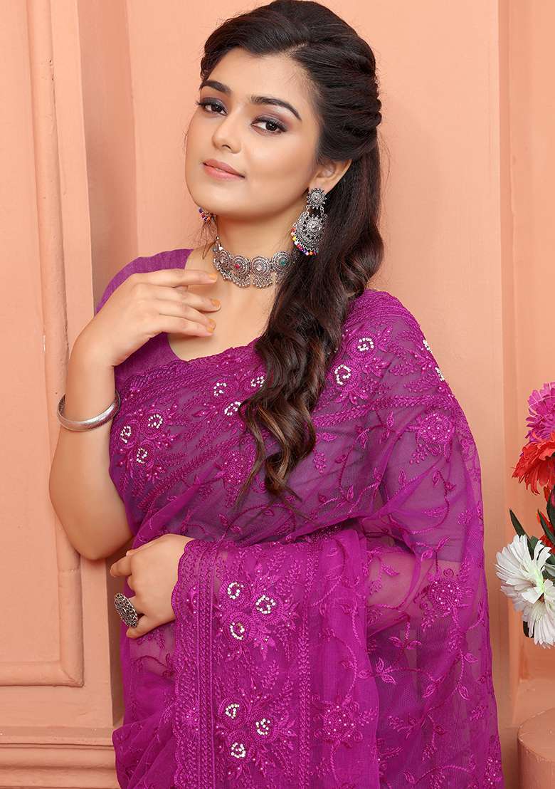 Wine Embroidery NET Saree for Diwali and Festive Wear - Indya