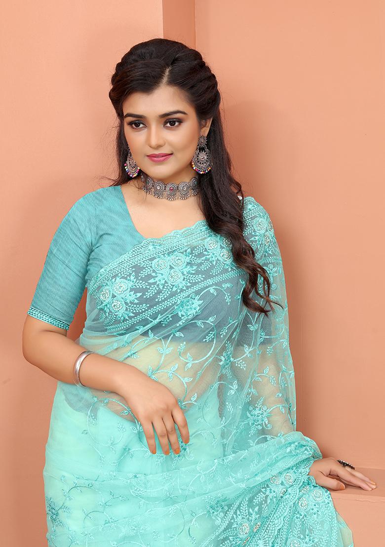 Sky Blue Embroidery NET Saree - Indya