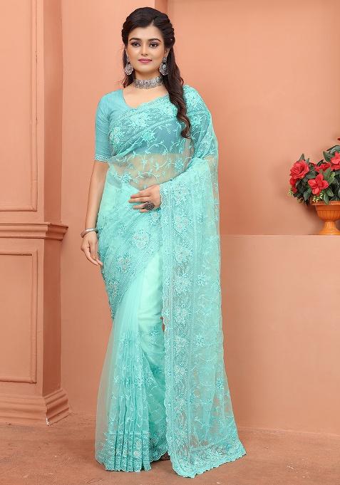 Sky Blue Embroidery NET Saree