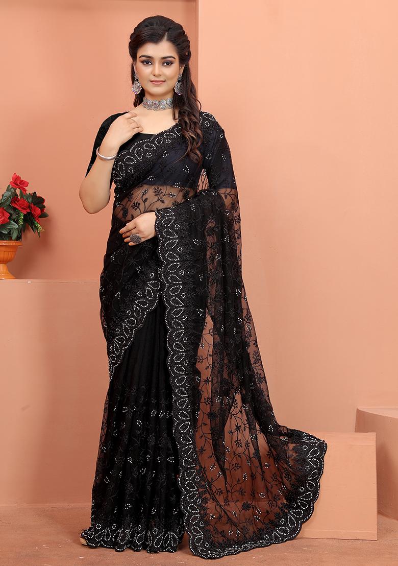 Black Embroidery NET Saree - Indya