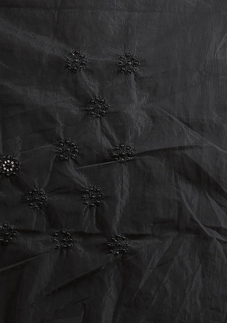 Black Embroidery NET Saree - Indya