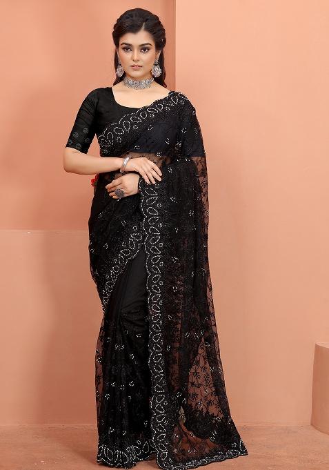 Black Embroidery NET Saree