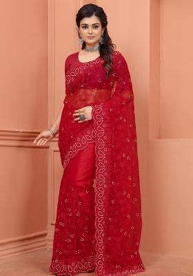 Red Embroidery NET Saree