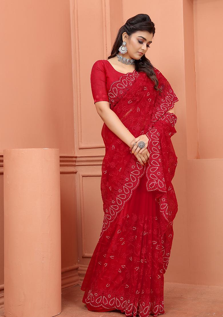Red Embroidery NET Saree - Indya