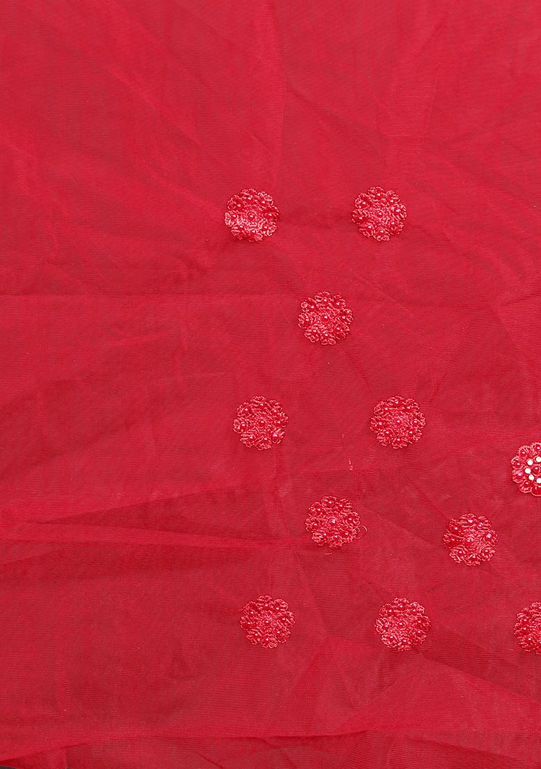Red Embroidery NET Saree - Indya