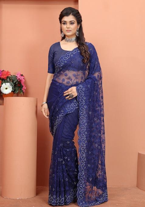 Navy Blue Embroidery NET Saree