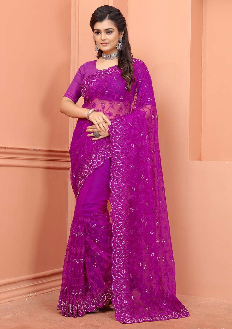 Wine NET Saree with Embroidery for Diwali | Wedding & Festive Wear - Indya