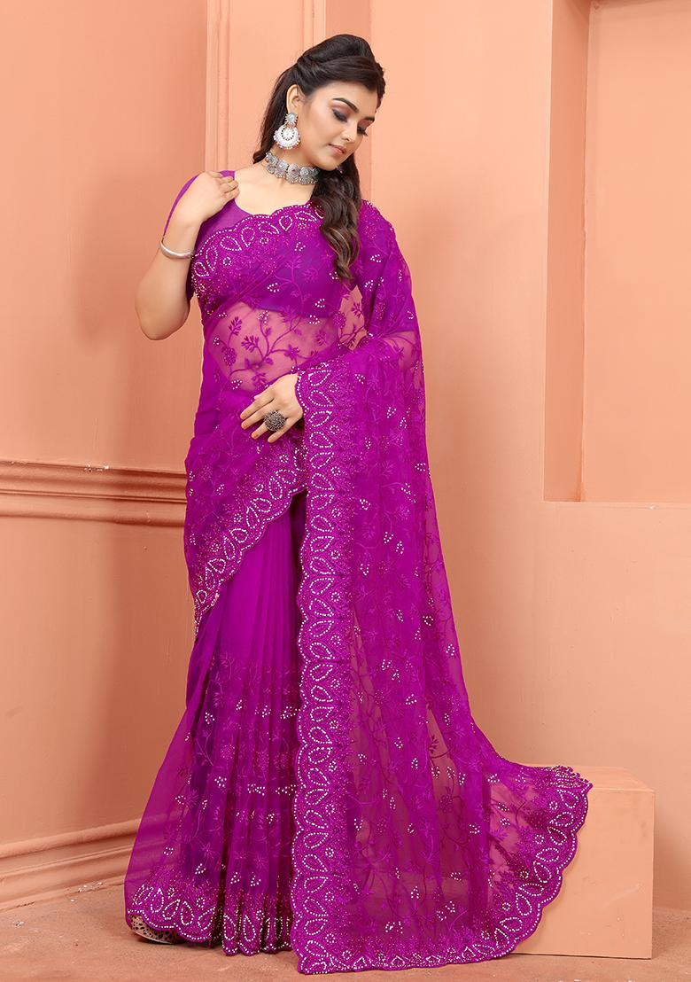 Wine Embroidery NET Saree - Indya