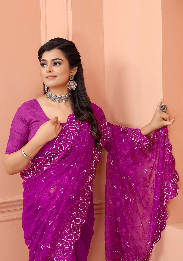 Wine NET Saree with Embroidery for Diwali | Wedding & Festive Wear - Indya