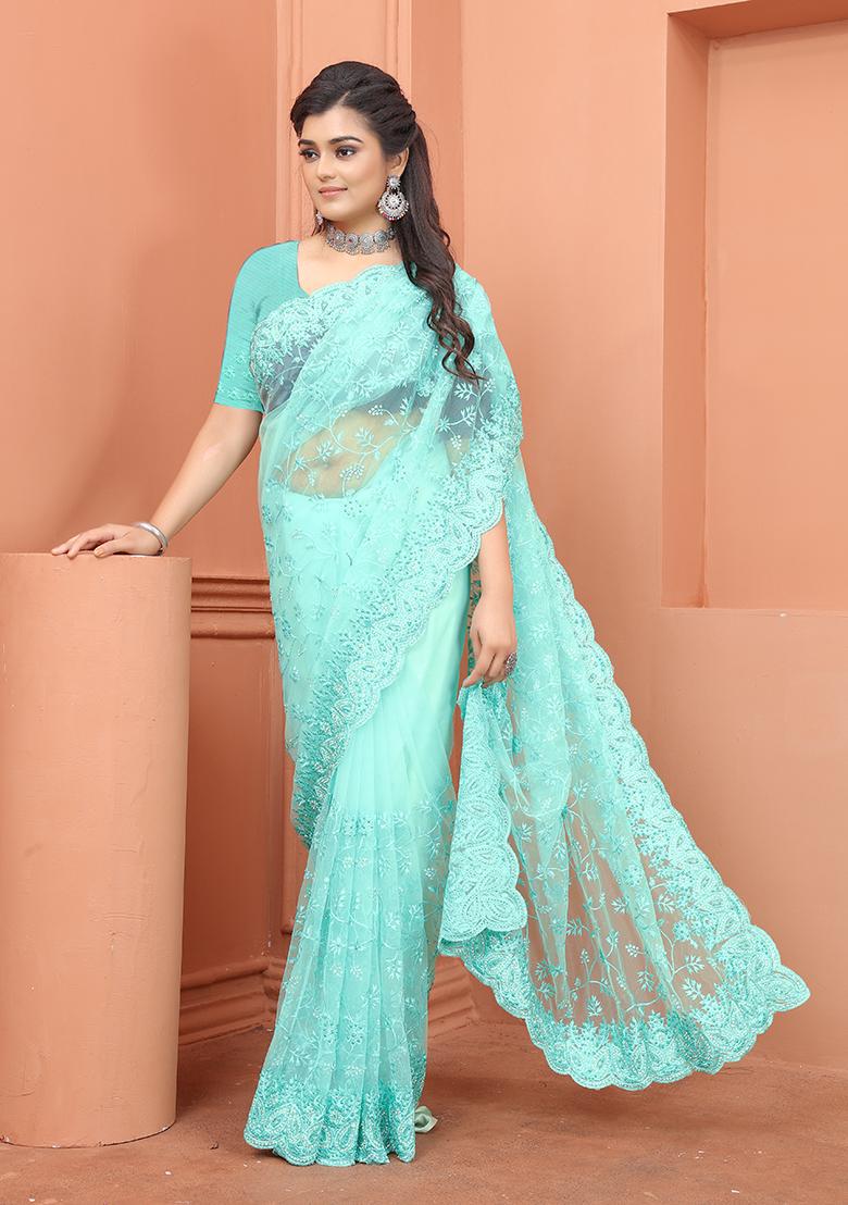 Sky Blue Embroidery NET Saree - Indya