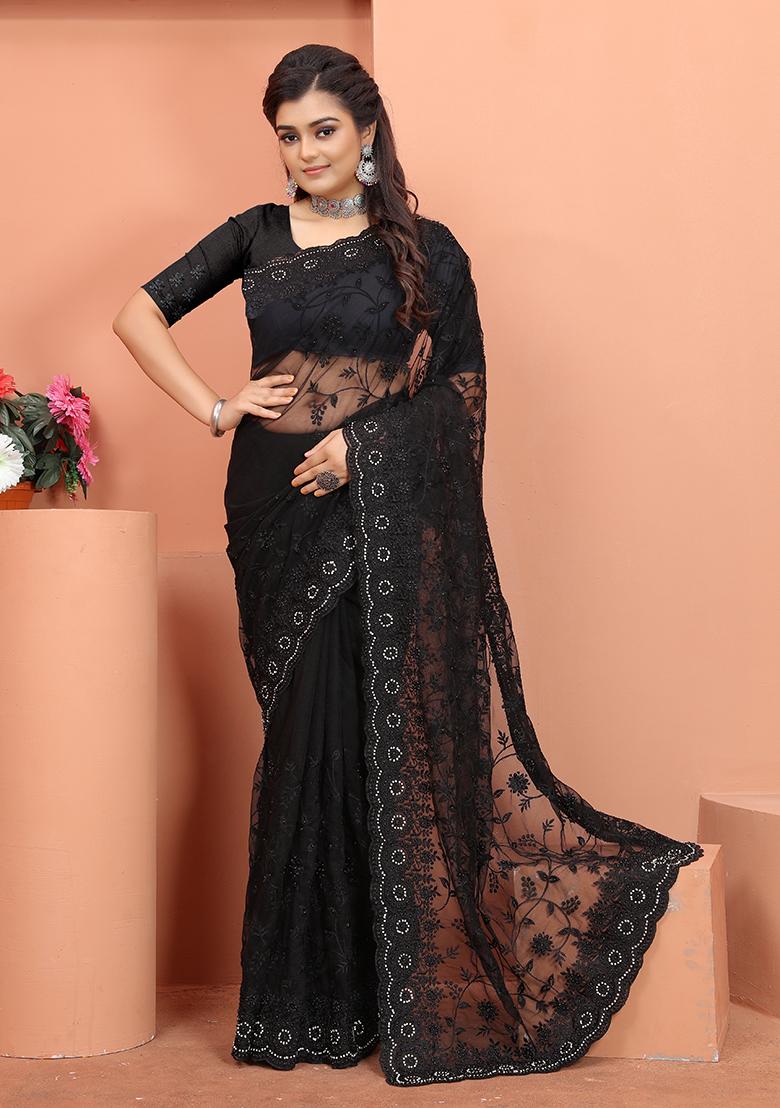 Black Embroidery NET Saree - Indya