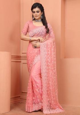 Peach Embroidery NET Saree