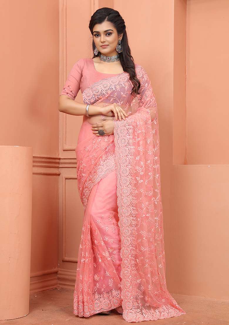 Peach NET Saree with Embroidery for Diwali | Wedding & Festive Wear - Indya