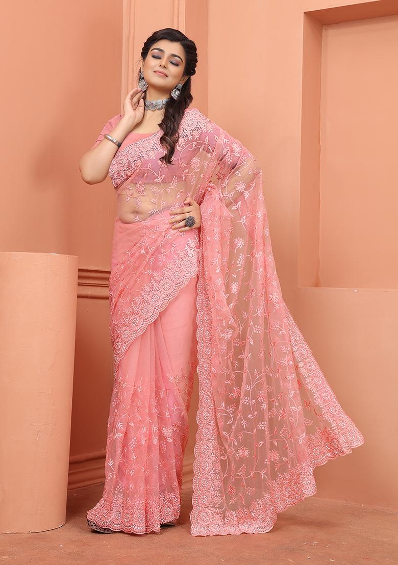 Peach Embroidery NET Saree - Indya