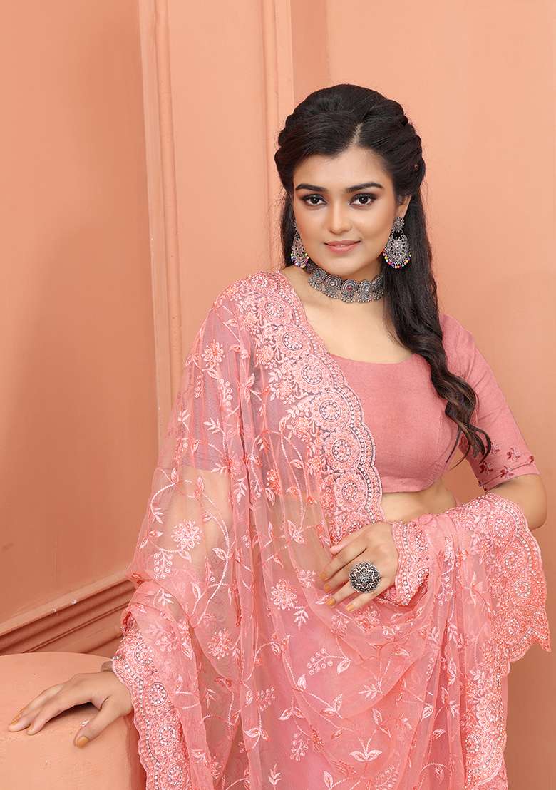 Peach NET Saree with Embroidery for Diwali | Wedding & Festive Wear - Indya