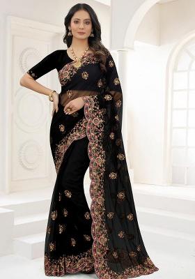 Black Embroidery NET Saree