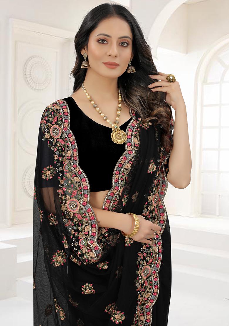 Black Embroidery NET Saree - Indya
