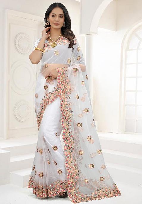 White Embroidery NET Saree