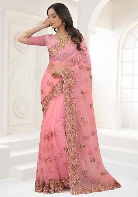 Gajari Embroidery NET Saree