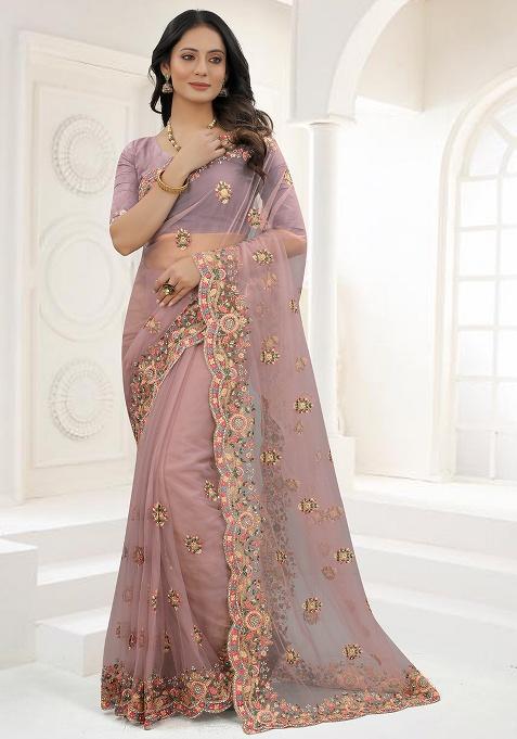 Lavender Embroidery NET Saree