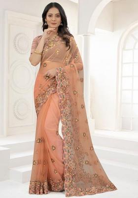 Peach Embroidery NET Saree