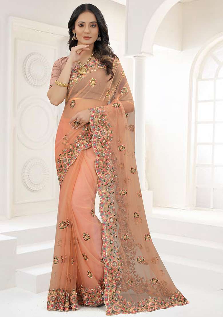 Peach Embroidery NET Saree for Diwali and Festive Wear - Indya