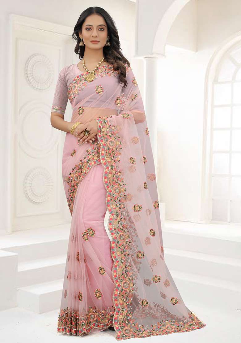 Pink Embroidery NET Saree for Diwali and Festive Wear - Indya