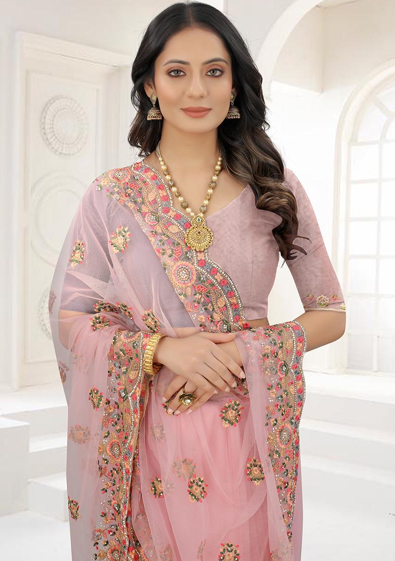 Pink Embroidery NET Saree - Indya