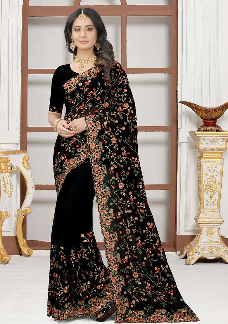 Black Embroidery Georgette Saree for Diwali and Festive Wear - Indya
