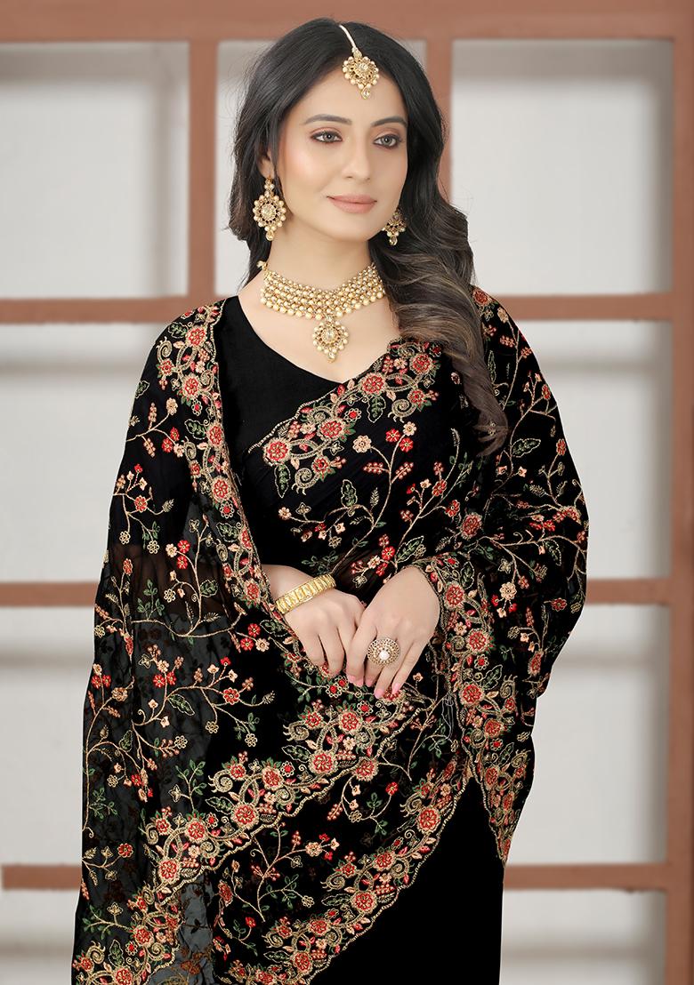 Black Embroidery Georgette Saree - Indya