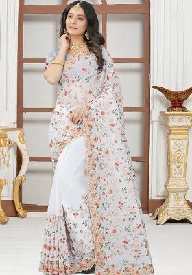 White Embroidery Georgette Saree