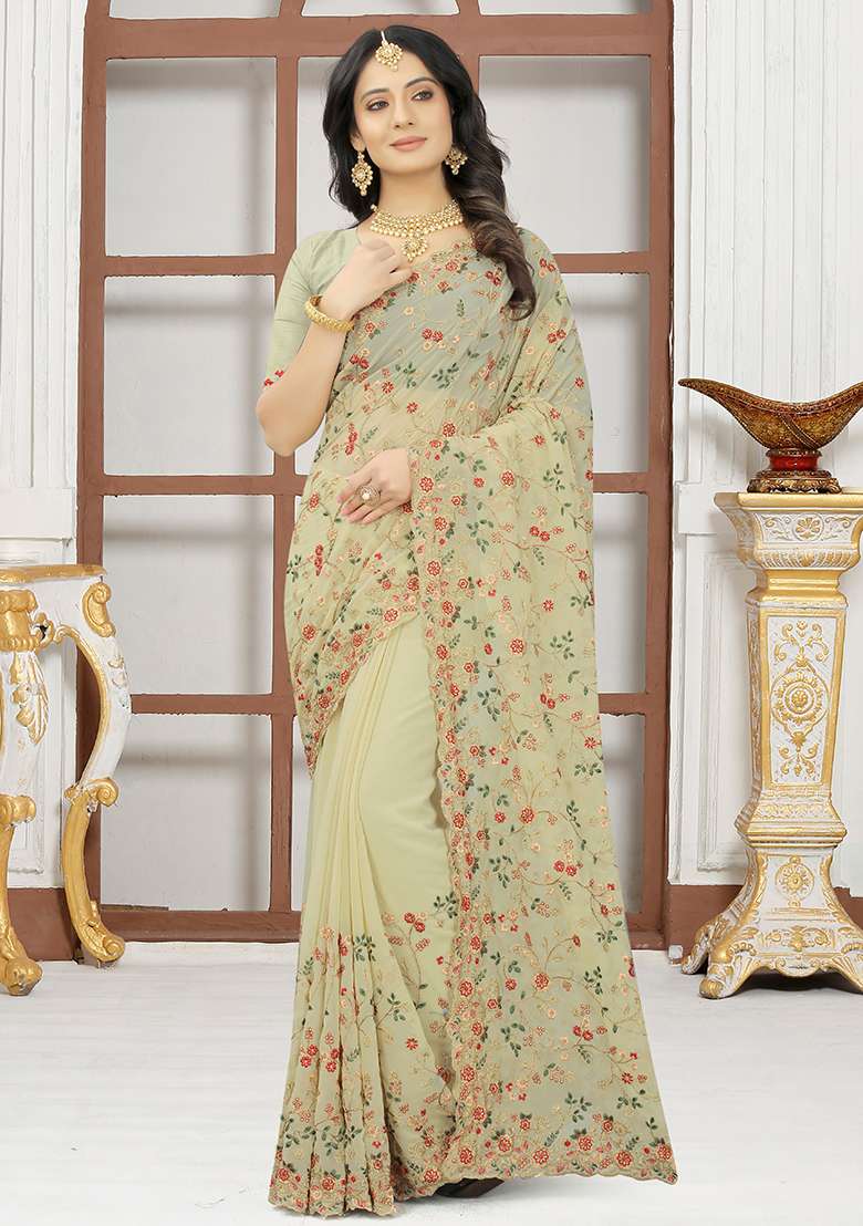 Chiku Georgette Saree with Embroidery for Diwali | Wedding & Festive Wear - Indya