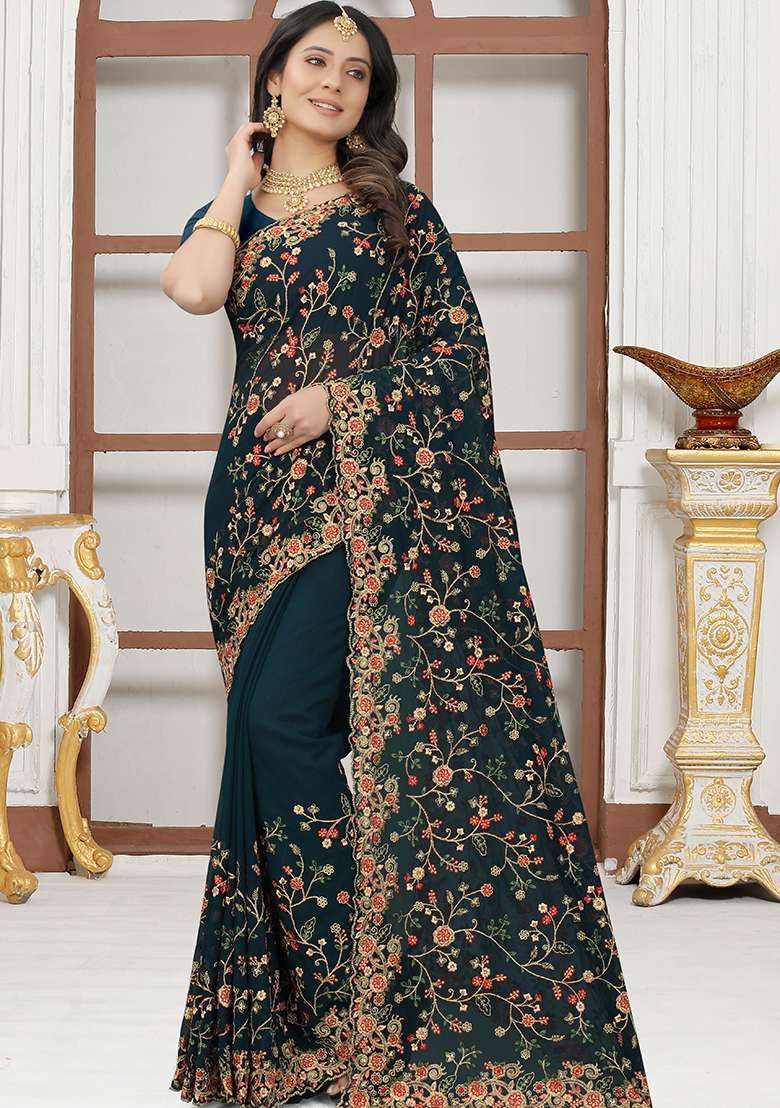 Morpeach Georgette Saree with Embroidery for Diwali | Wedding & Festive Wear - Indya