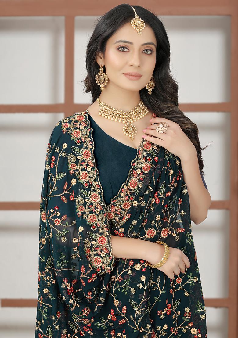 Morpeach Embroidery Georgette Saree - Indya