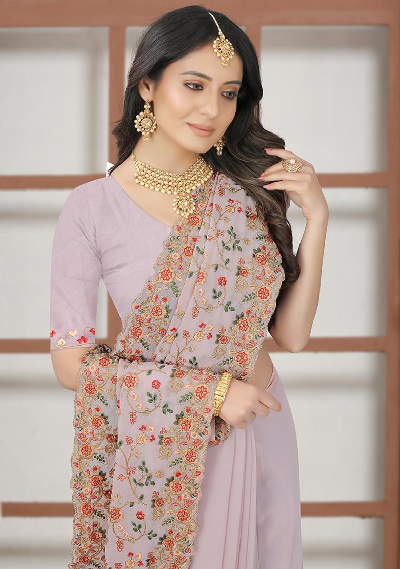 Lavender Embroidery Georgette Saree - Indya
